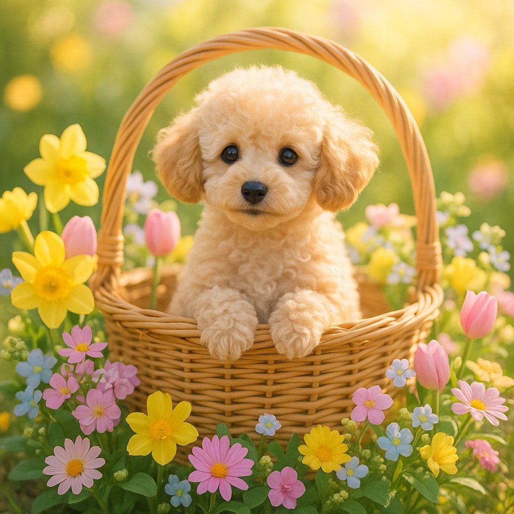 Spring Poodle in a Flower-Filled Basket
