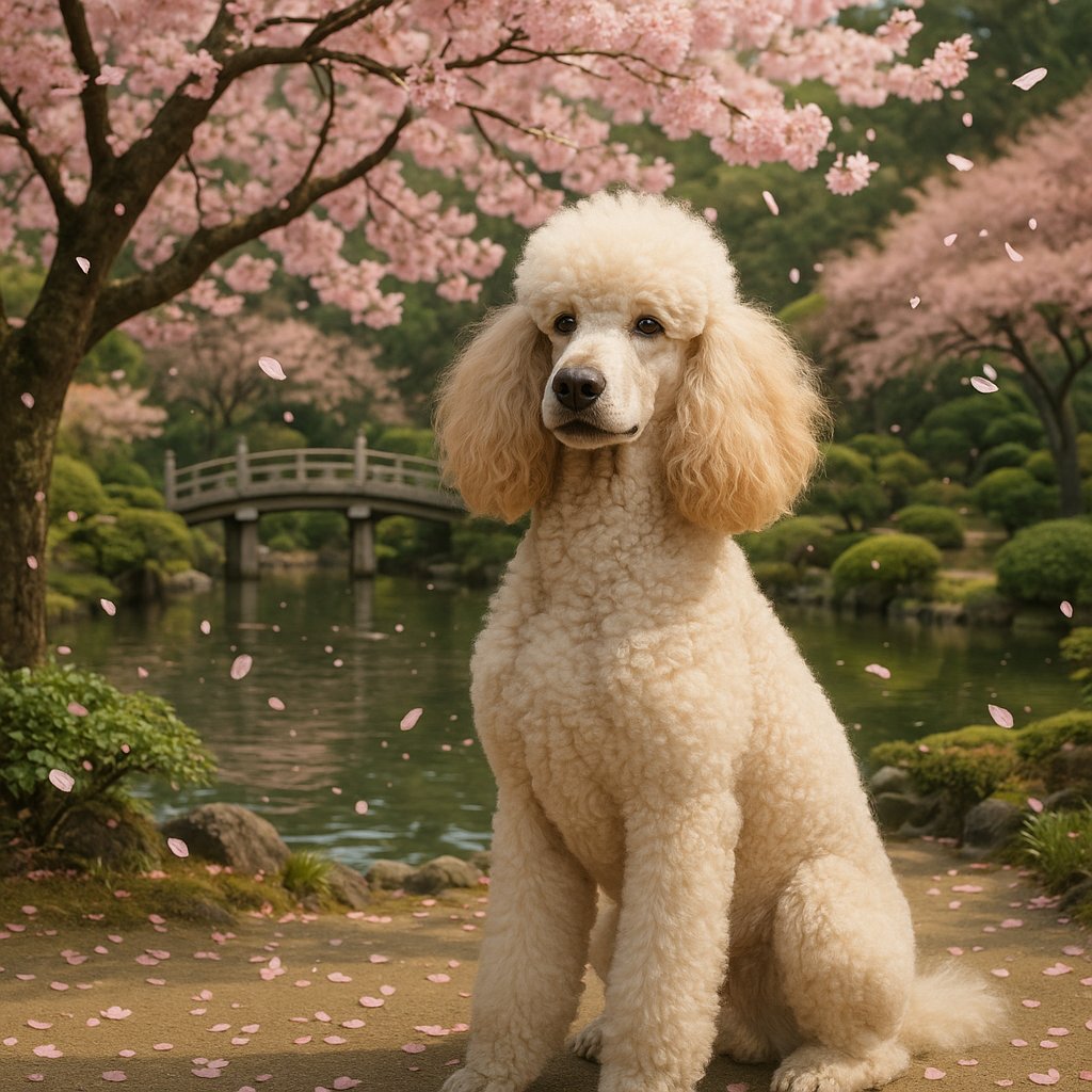 Springtime Poodle in a Japanese Garden