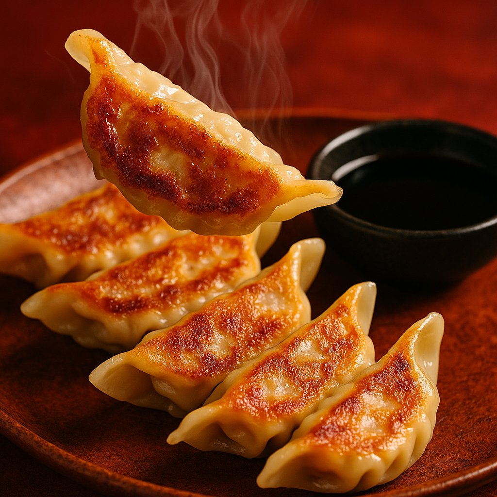 Steaming Pan-Fried Gyoza with Soy Dipping Sauce