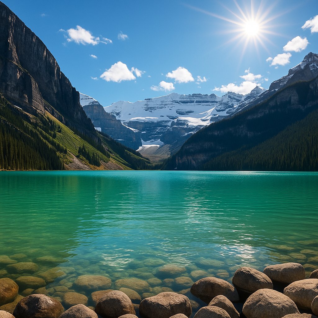 Sunlit Lake Louise — Emerald Waters and Snowy Peaks
