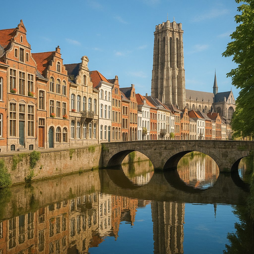 Sunlit Mechelen Canal with Stone Bridge and Tower Reflections