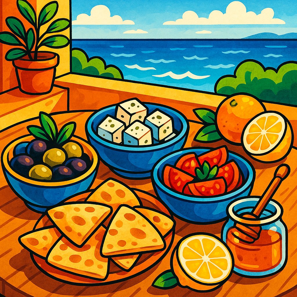 Sunlit Mediterranean Snack Table (Cartoon Style)