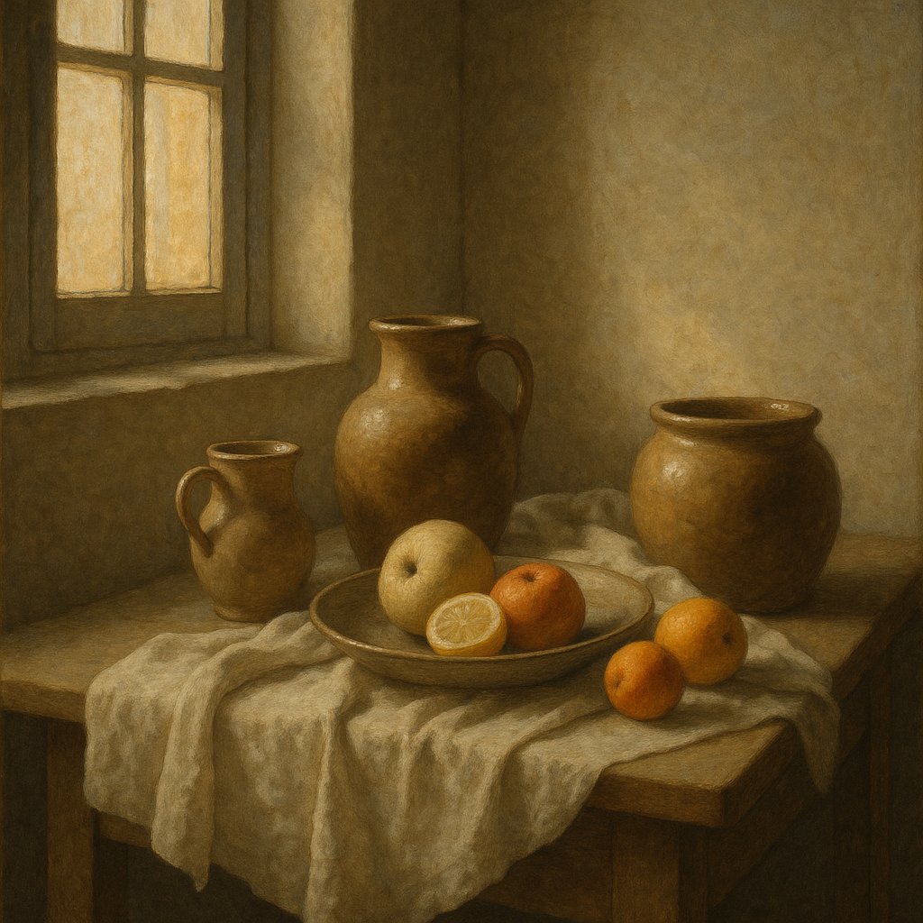 Sunlit Still Life with Pottery and Fruit