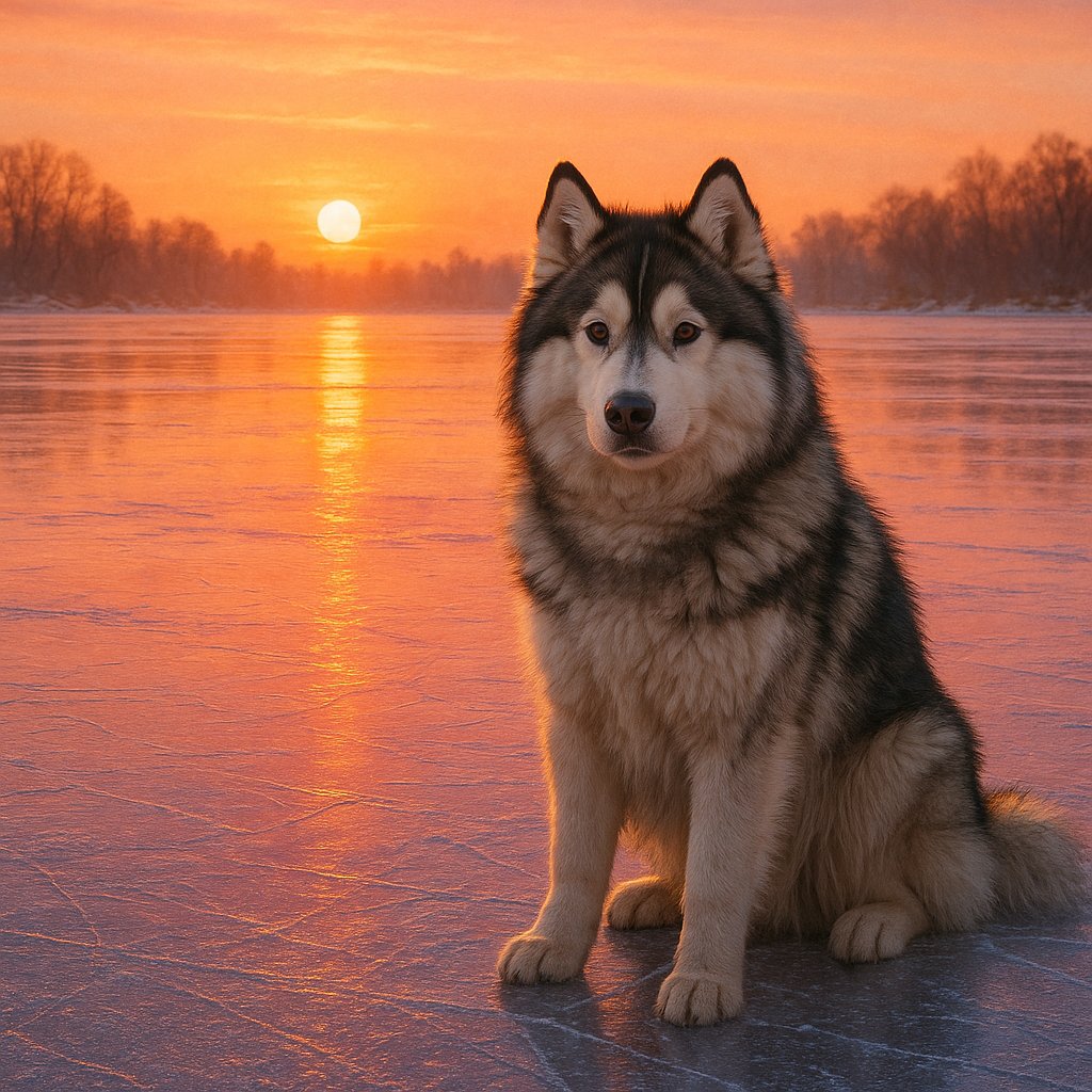 Sunrise on Ice: Fluffy Siberian Husky at Dawn