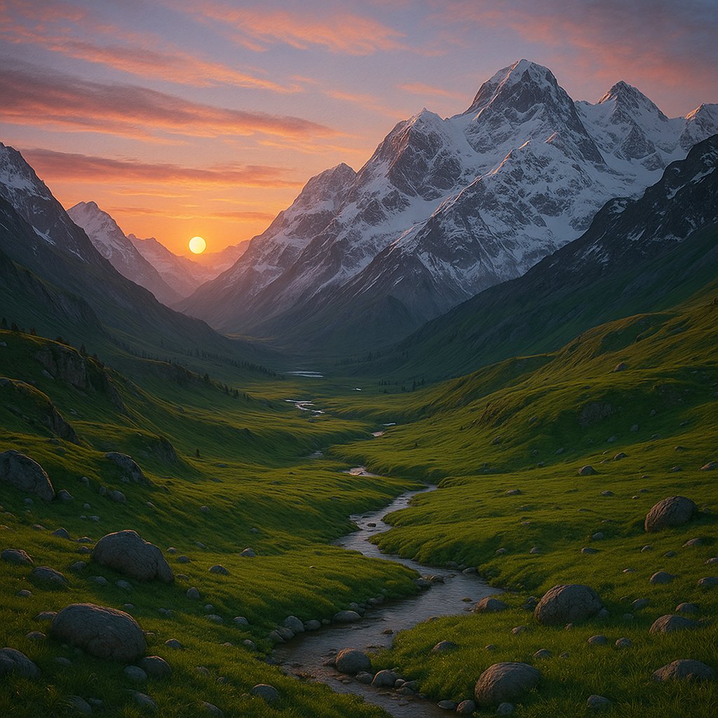 Sunrise Over the Tien Shan: Emerald Valley and Snow-Capped Peaks
