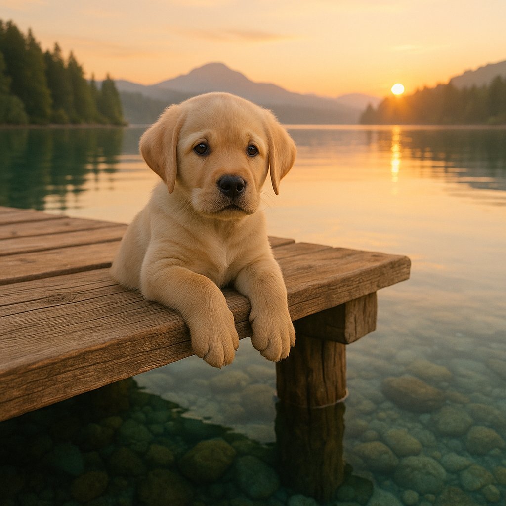 Sunrise Puppy on a Lakeside Pier