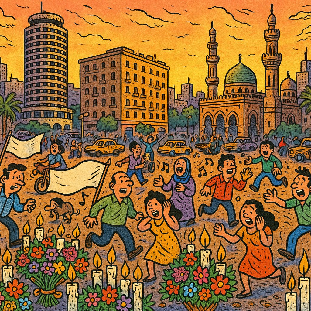 Sunset Plaza in Cairo — Comic-Style Celebration
