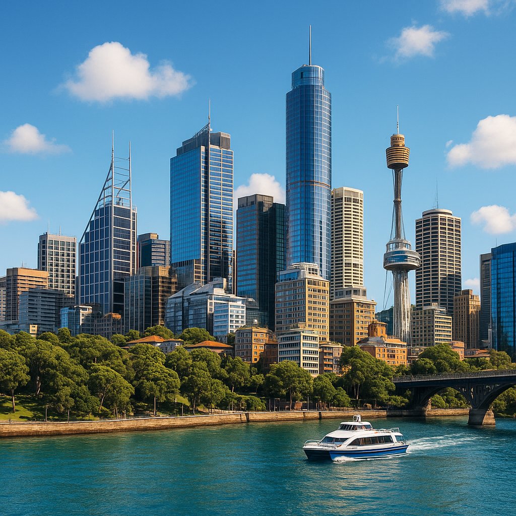Sydney Waterfront Skyline with Harbor Ferry