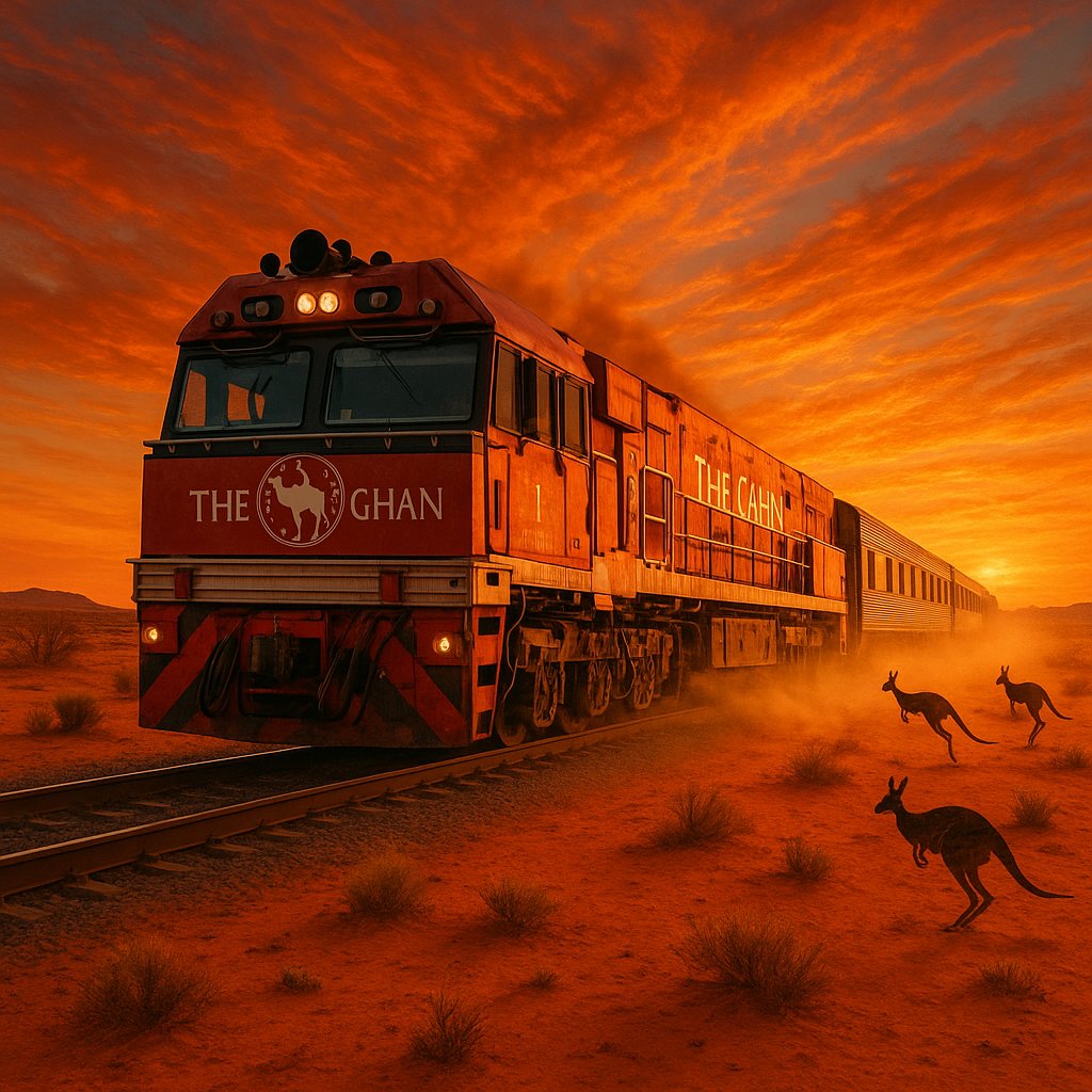 The Ghan at Sunset — Red Locomotive Across the Outback