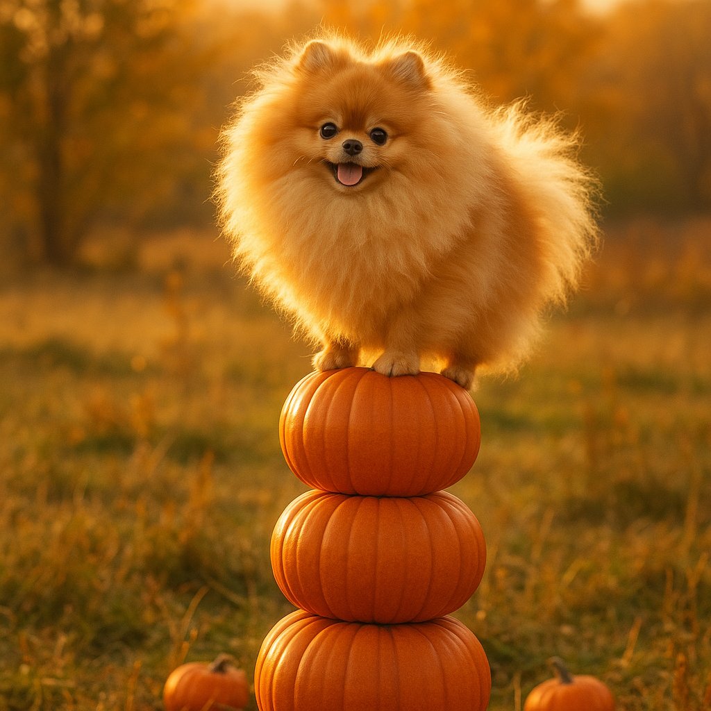 Tiny Balancing Act: Pomeranian on Pumpkins at Golden Hour