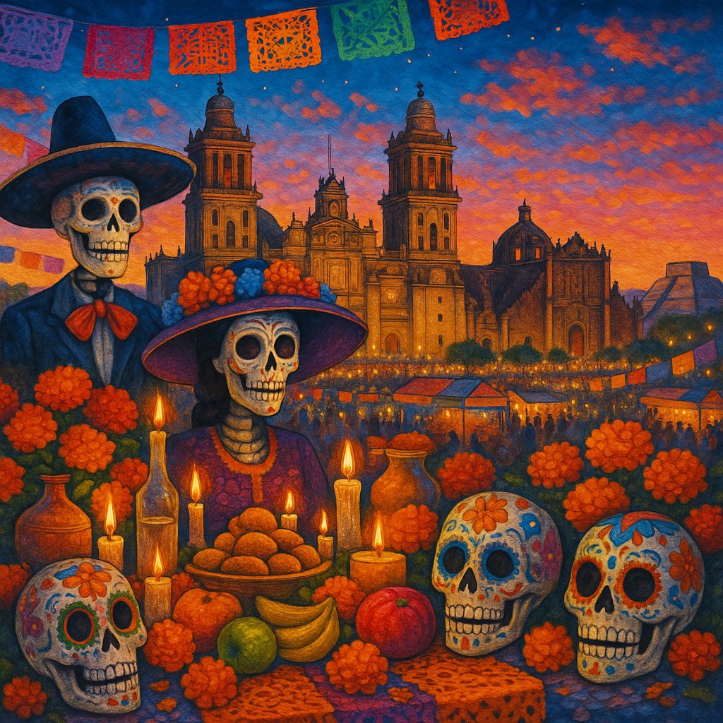 Vibrant Día de los Muertos Ofrenda at Dusk