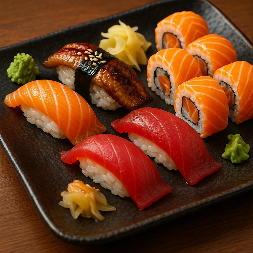 Vibrant Sushi Assortment — Salmon, Tuna & Unagi on Elegant Plate