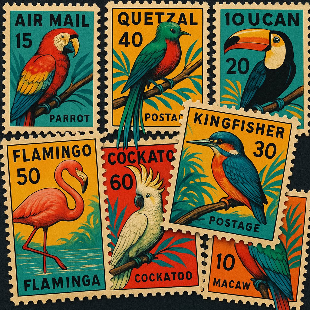 Vibrant Vintage Airmail Stamps — Tropical Birds Collage
