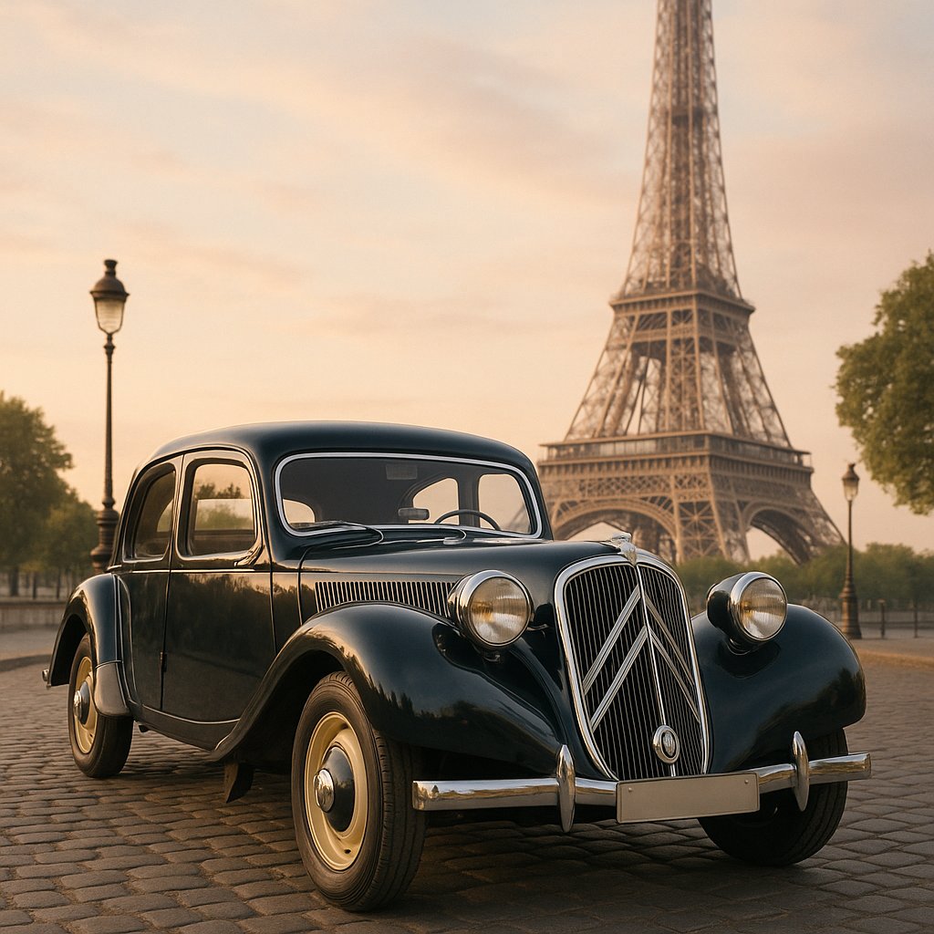 Vintage French Sedan by the Eiffel Tower