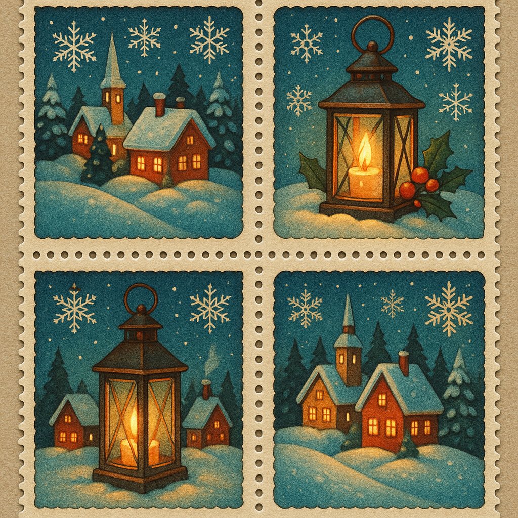 Vintage Holiday Stamp Sheet — Winter Villages & Lanterns