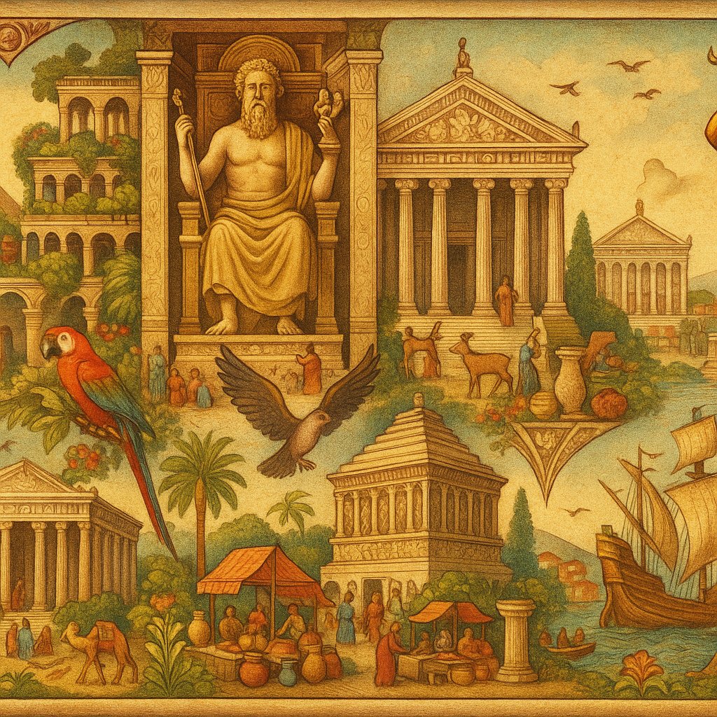 Vintage Panoramic Collage of the Seven Wonders