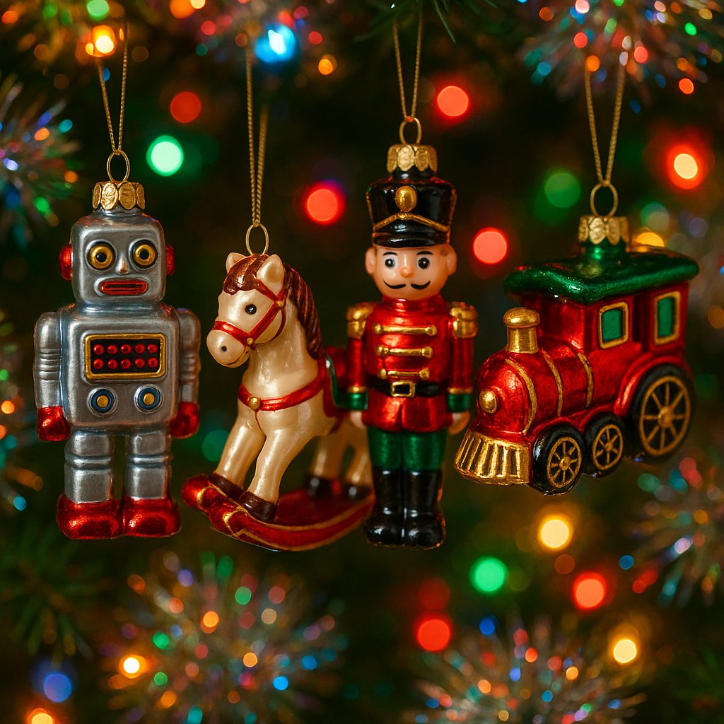Vintage Toy Christmas Ornaments with Twinkling Lights