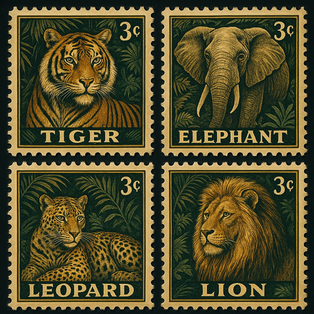 Vintage Wildlife Stamps — Tigers, Elephants & Big Cats