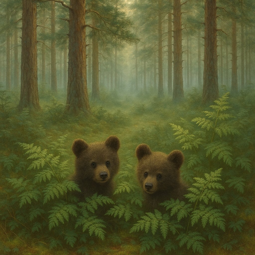 Whispers in the Pine: Bear Cubs Among the Ferns