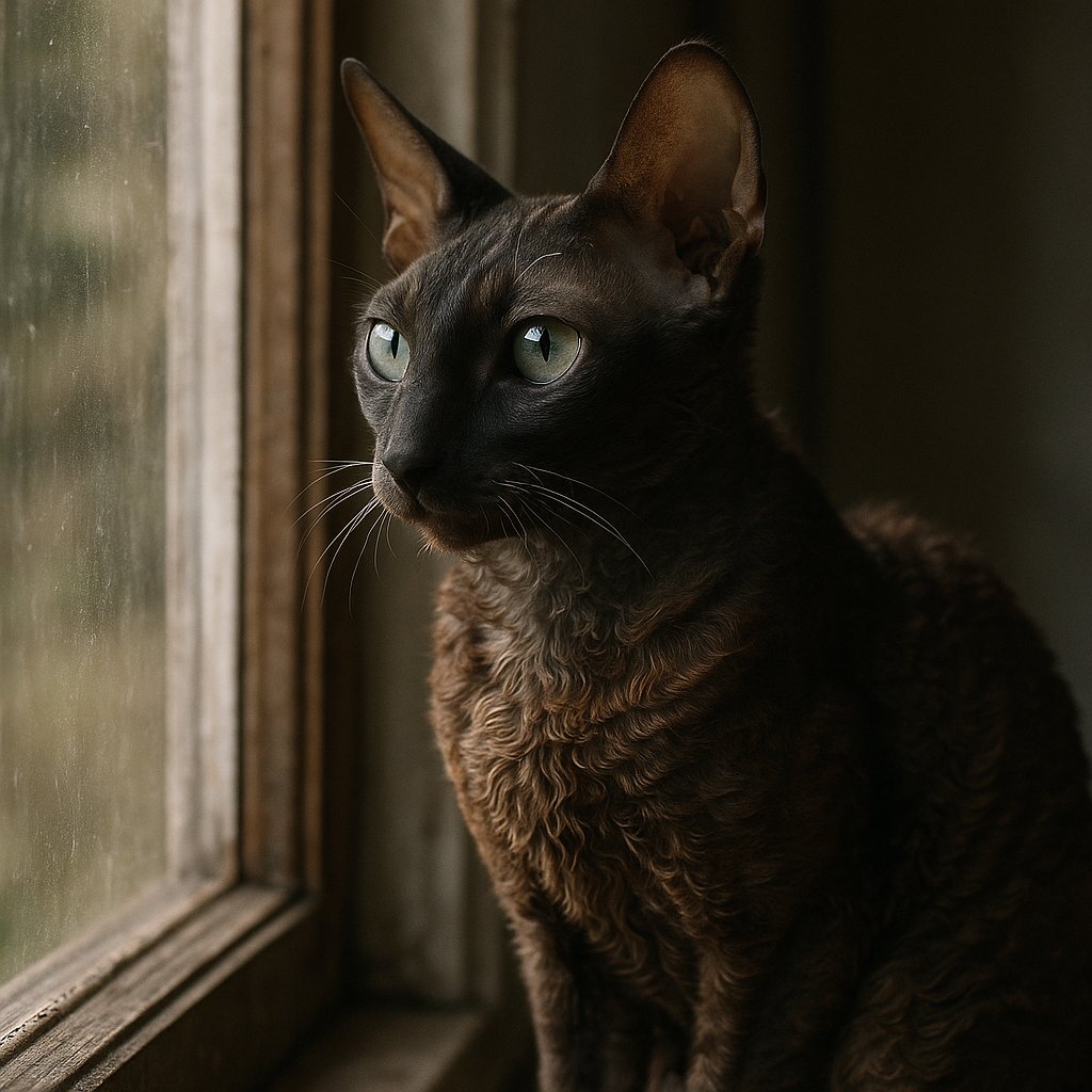 Window Gaze — Cornish Rex in Warm Morning Light