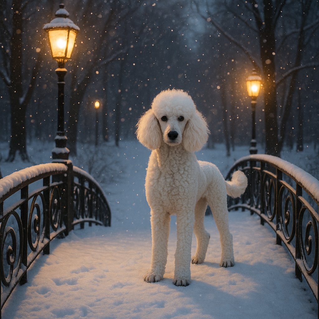 Winter Evening Poodle on a Snowy Bridge