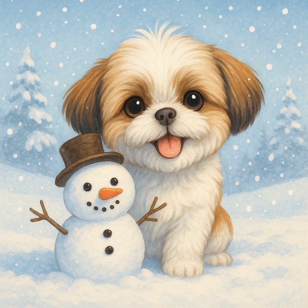 Winter Peek: Shih Tzu and Mini Snowman