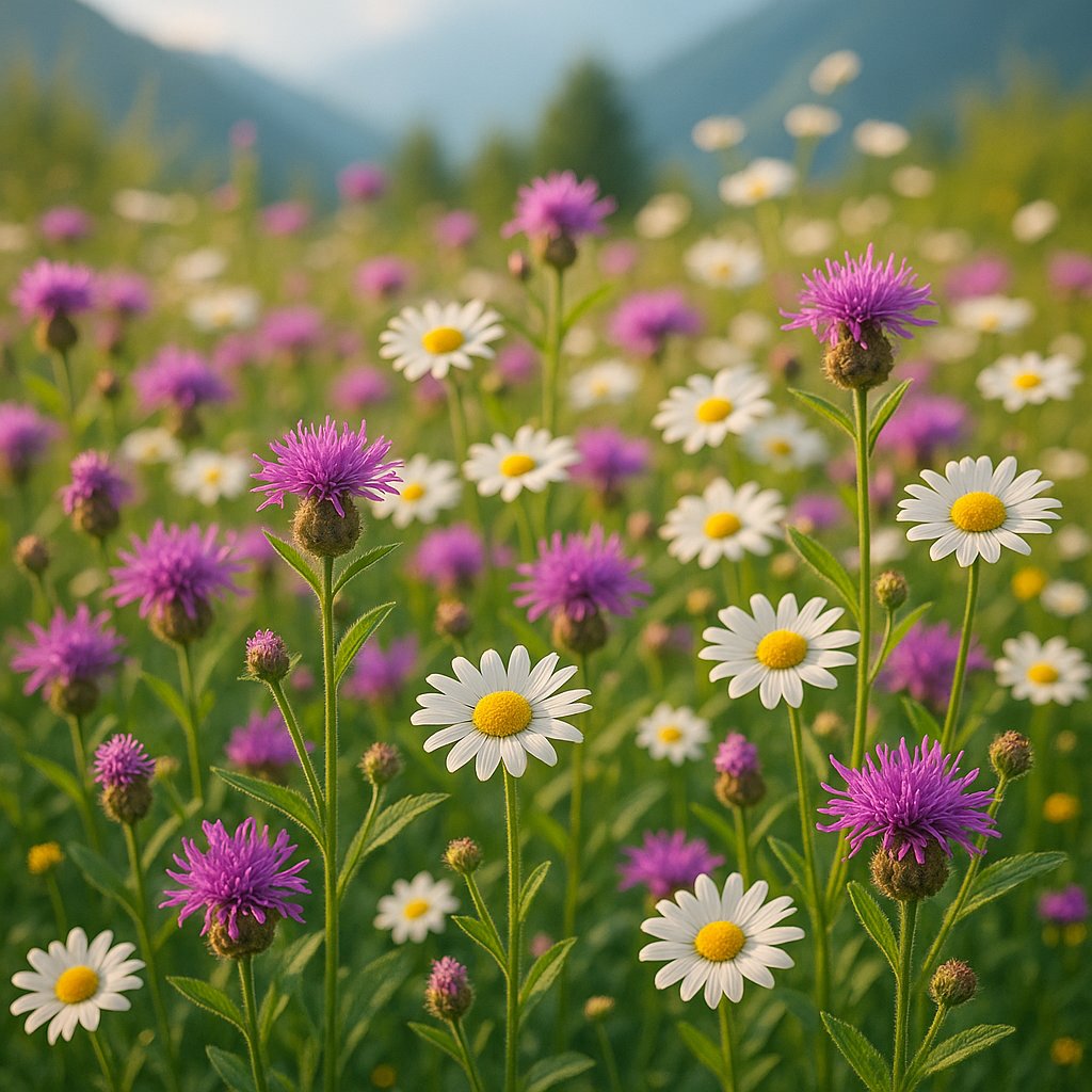 Alpine Meadow: Knapweed and Daisies at Golden Hour