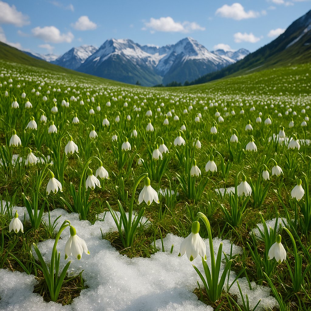 Alpine Snowbells in Spring Meadow