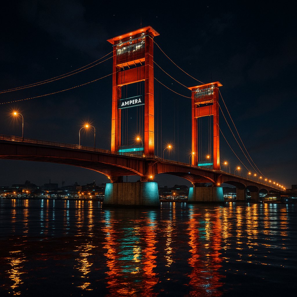 Ampera Bridge at Night — Palembang Lights and Reflections