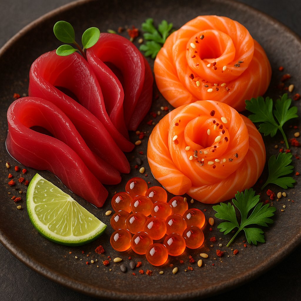 Artful Japanese Sashimi Medley — Tuna Ribbons, Salmon Rosettes & Ikura