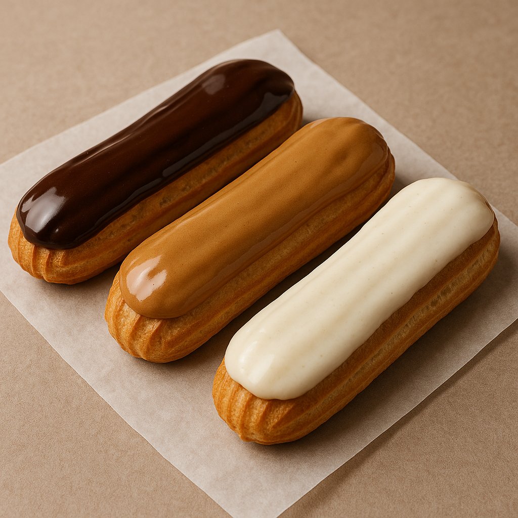 Assorted French Éclairs — Chocolate, Coffee & Vanilla Glazes