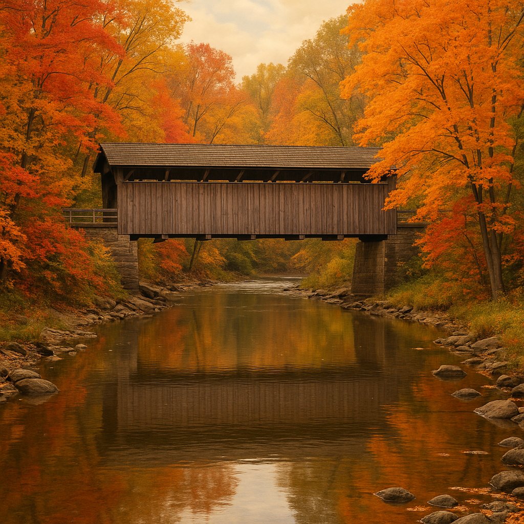Autumn Covered Bridge Over a Calm River — Cuyahoga Valley National Park