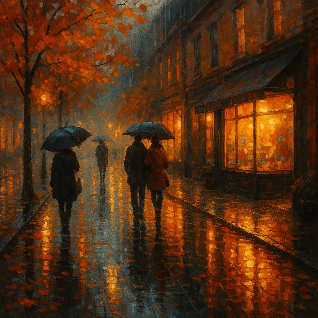 Autumn Rain on a Lantern-Lit Street