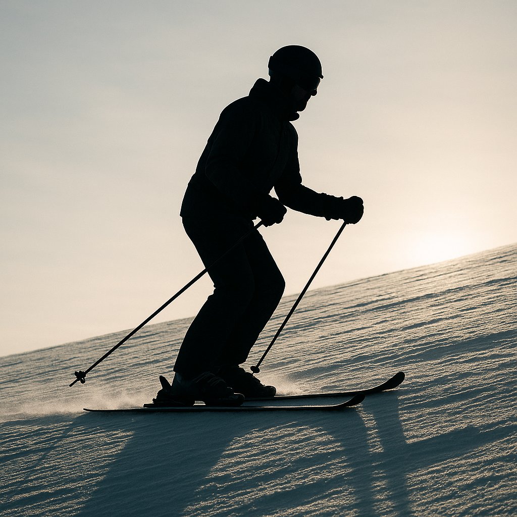 Backlit Skier Silhouette on Winter Slope