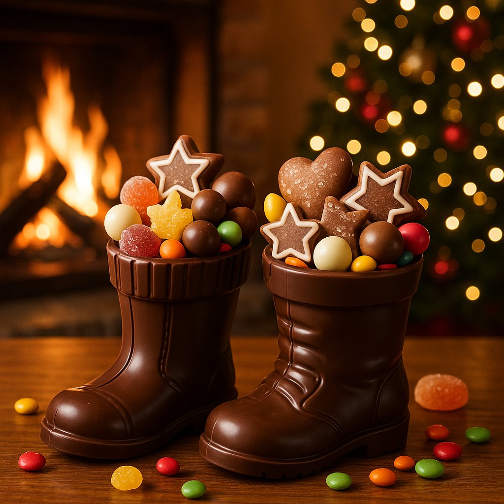 Belgian Chocolate Boots Filled with Sweets — Cozy Christmas Fireplace