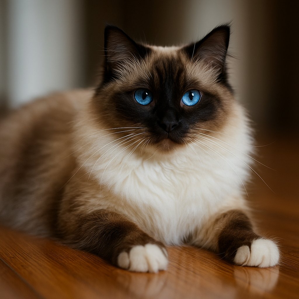 Blue-Eyed Ragdoll on Polished Hardwood