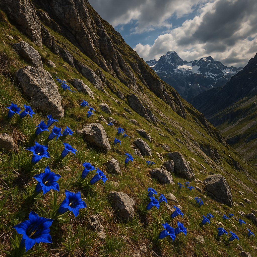 Blue Gentians on a Dramatic Alpine Slope