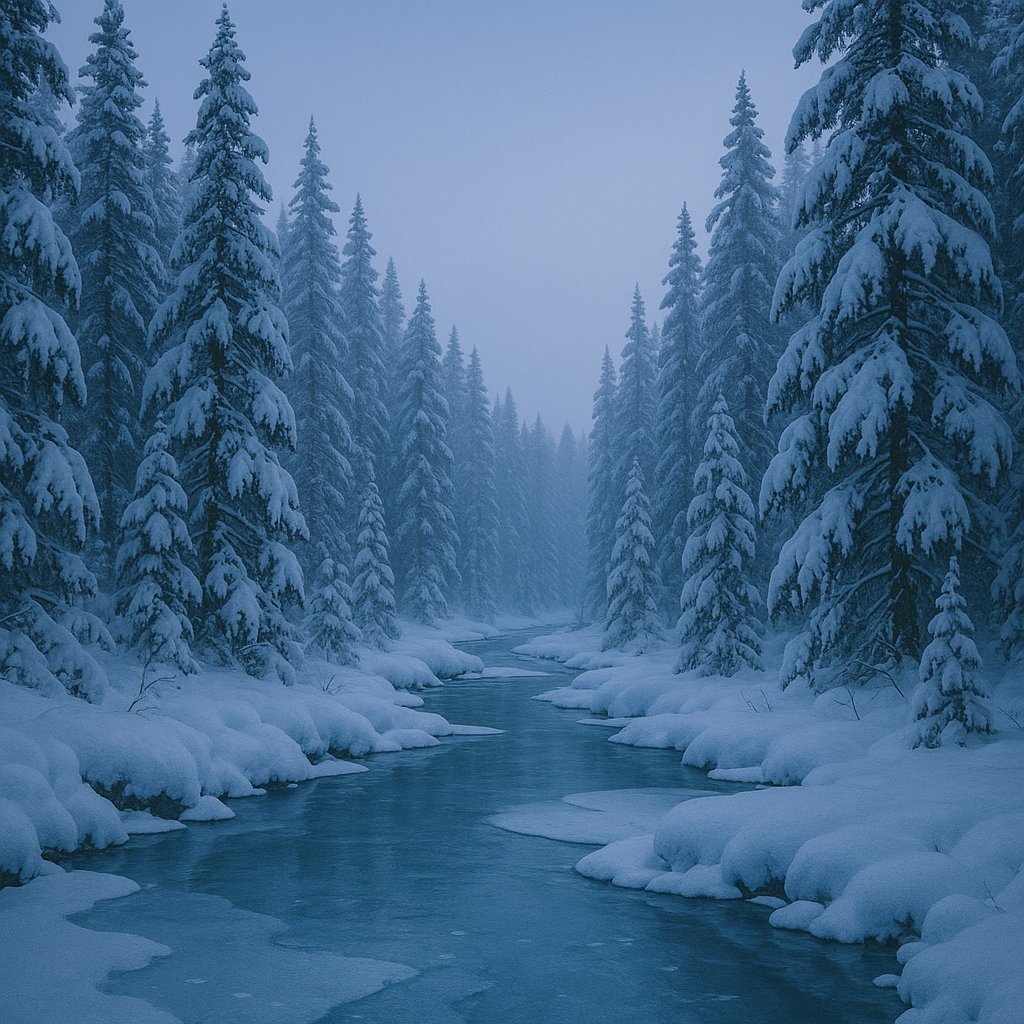 Blue Hour — Frozen River Through a Snowy Canadian Forest