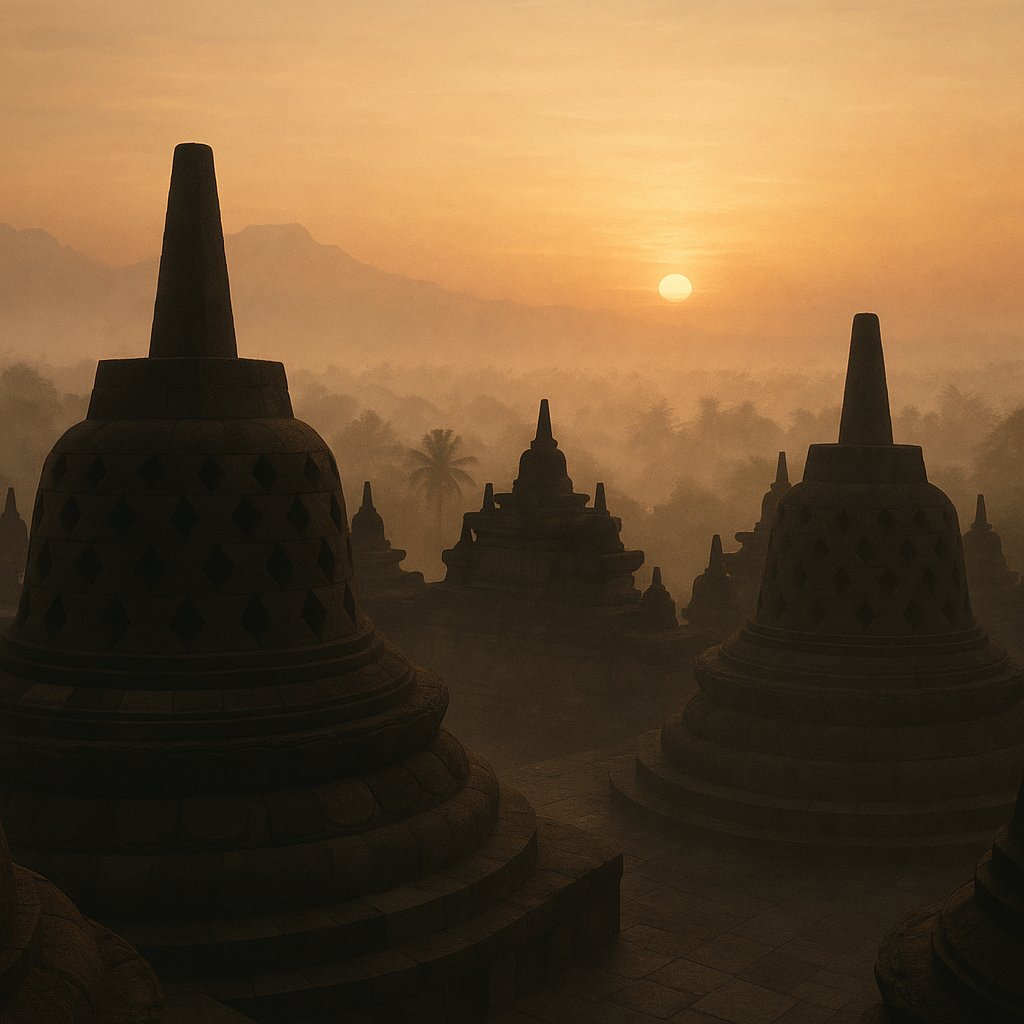 Borobudur at Dawn: Mist and Stupa Silhouettes