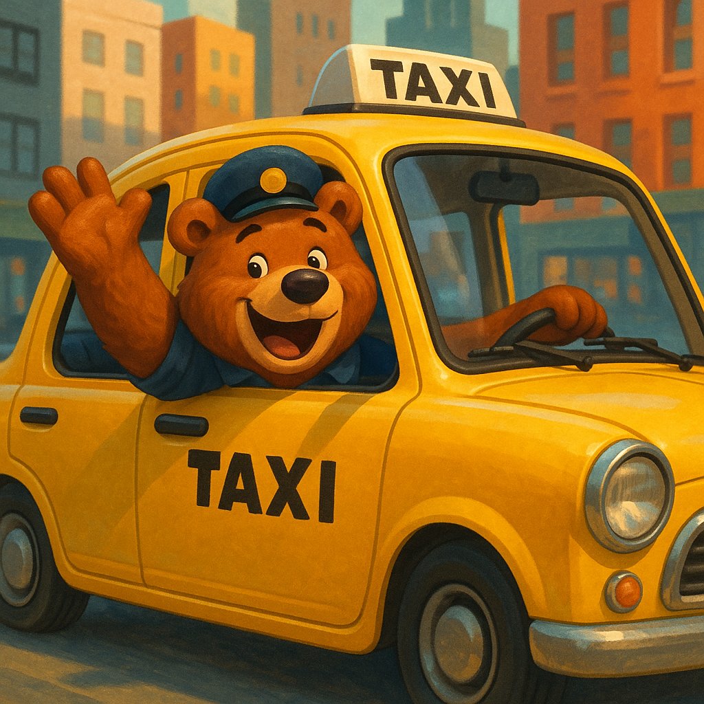 Cheerful Bear Taxi Driver Waving from a Yellow Cab