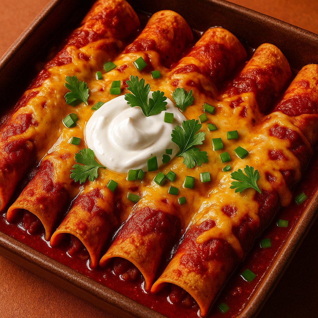 Cheesy Red Chili Enchiladas with Sour Cream