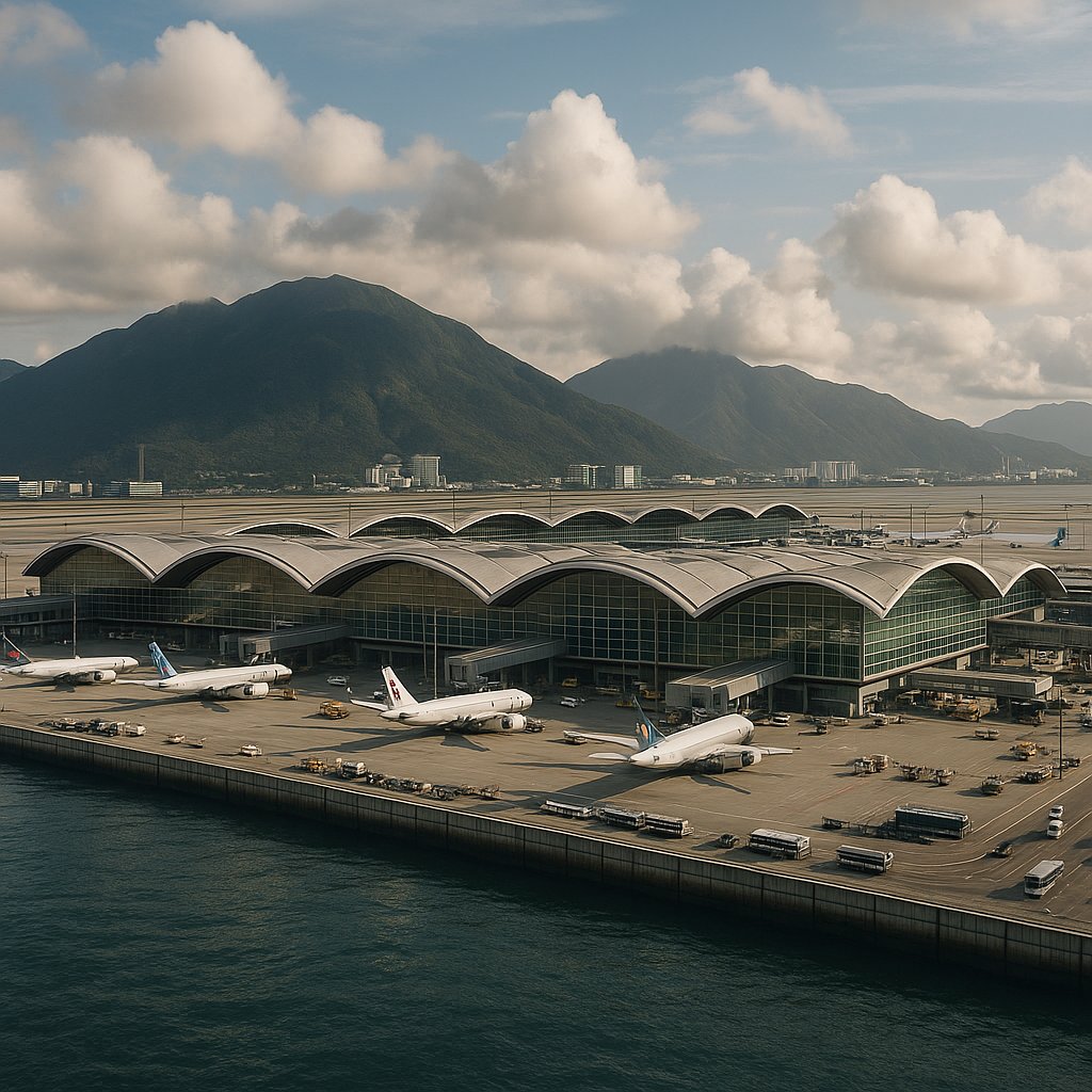 Cinematic Aerial: Hong Kong International Airport Terminal by the Sea