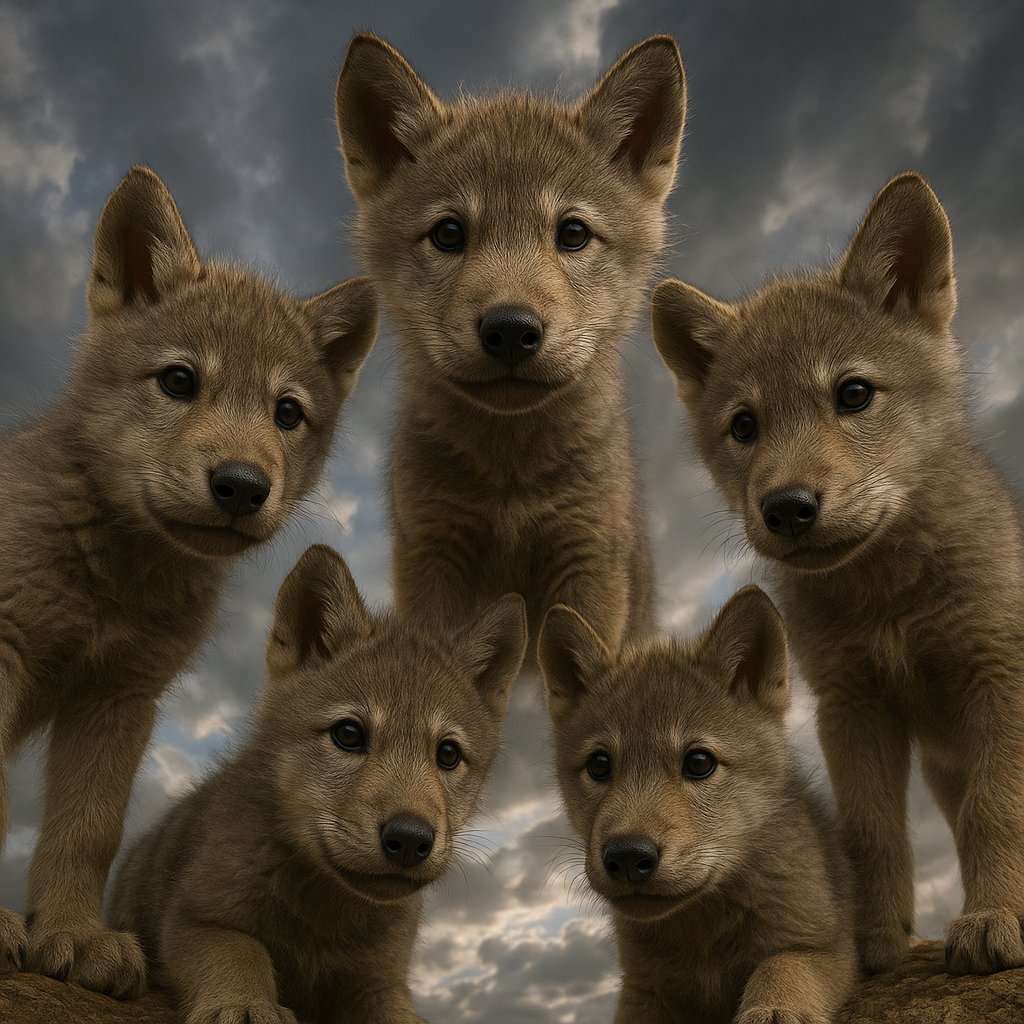 Circle of Wolf Pups — Ground-Level Portrait