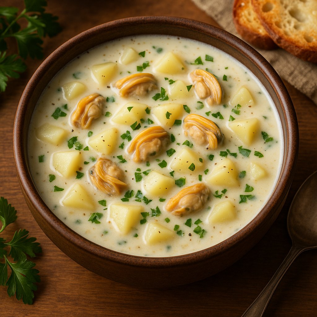 Classic Creamy Clam Chowder in Rustic Bowl