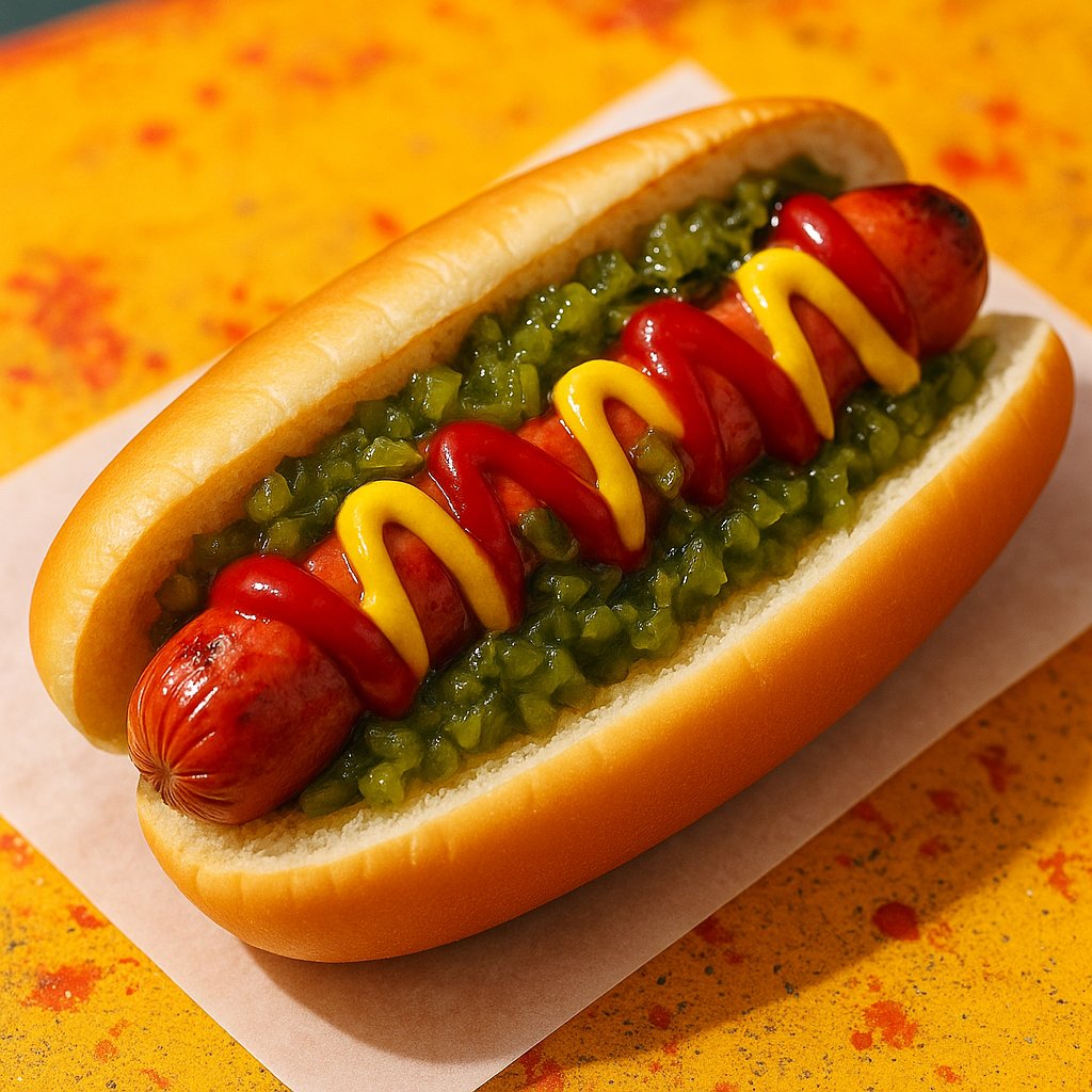 Classic Street‑Style Hot Dog with Mustard, Ketchup & Relish