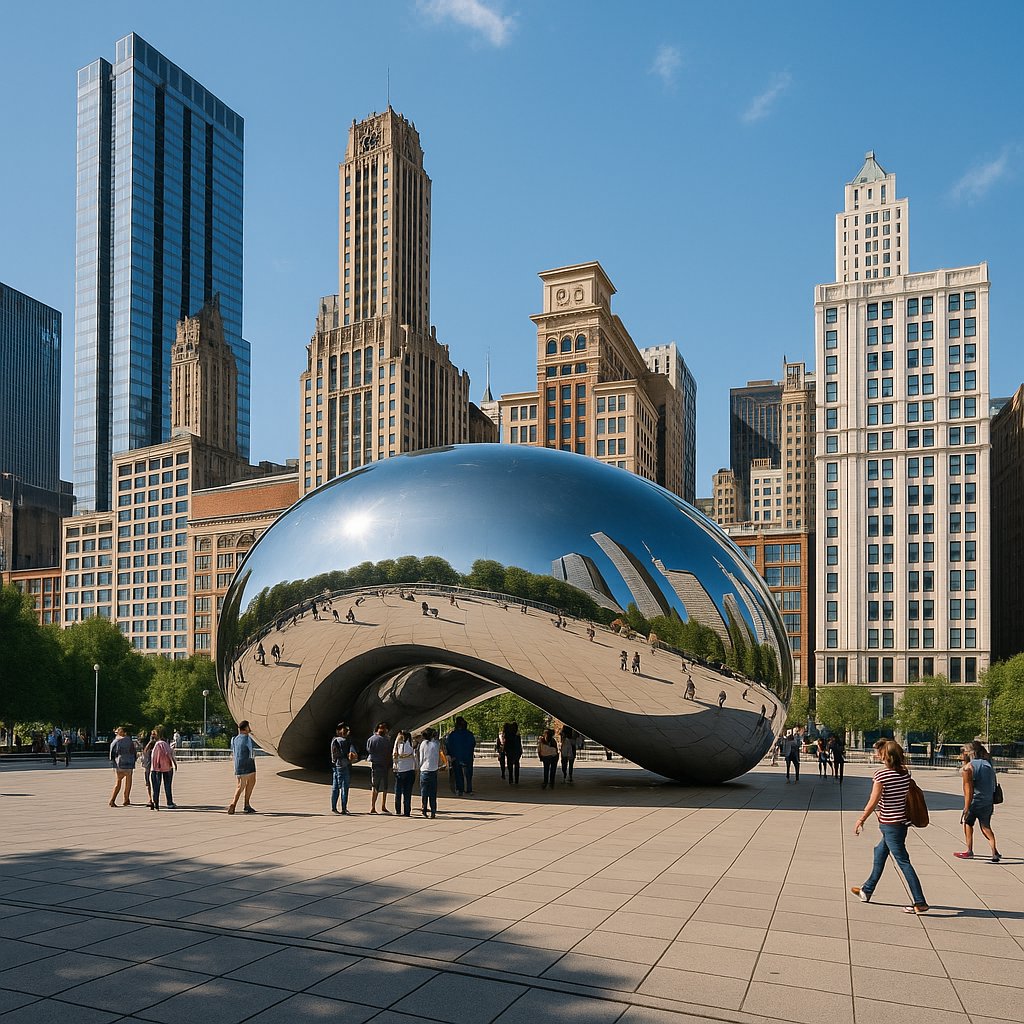 Cloud Gate at Midday — Reflective Chicago Skyline