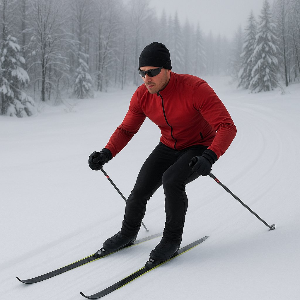Controlled Descent: Cross-Country Skier on Fresh Snow