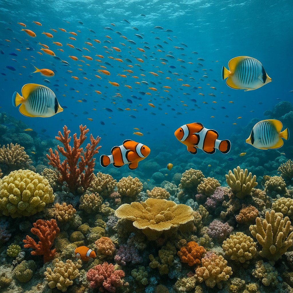 Coral Garden Panorama with Clownfish and Butterflyfish
