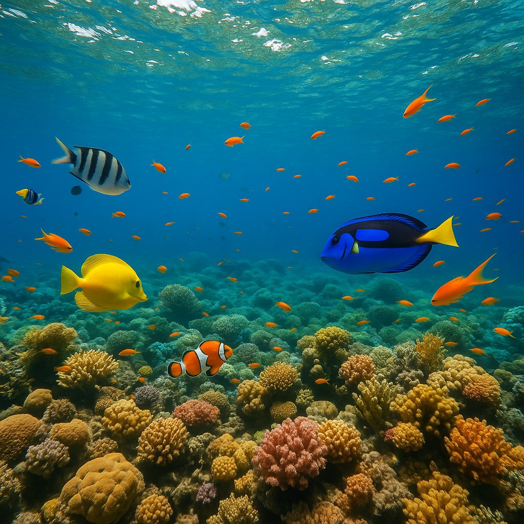 Coral Reef Symphony: Tropical Fish Amid Sunlit Waters