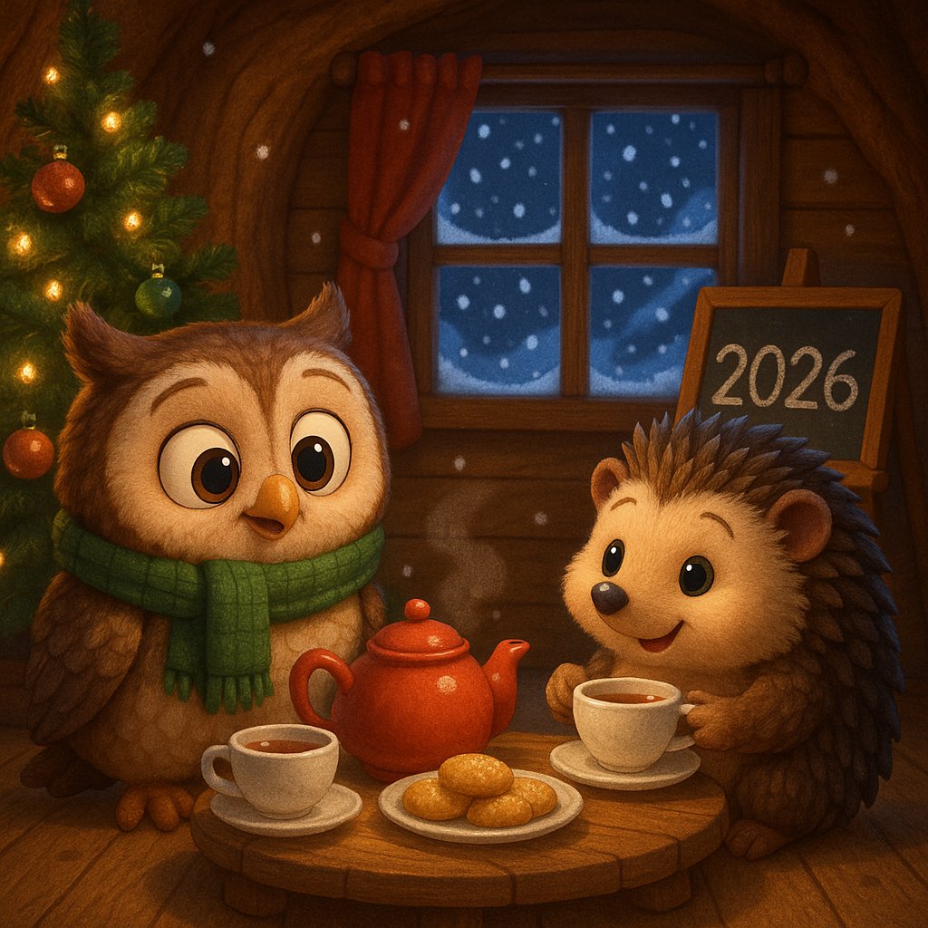 Cozy New Year Tea — Owl & Hedgehog in a Treehouse (2026)